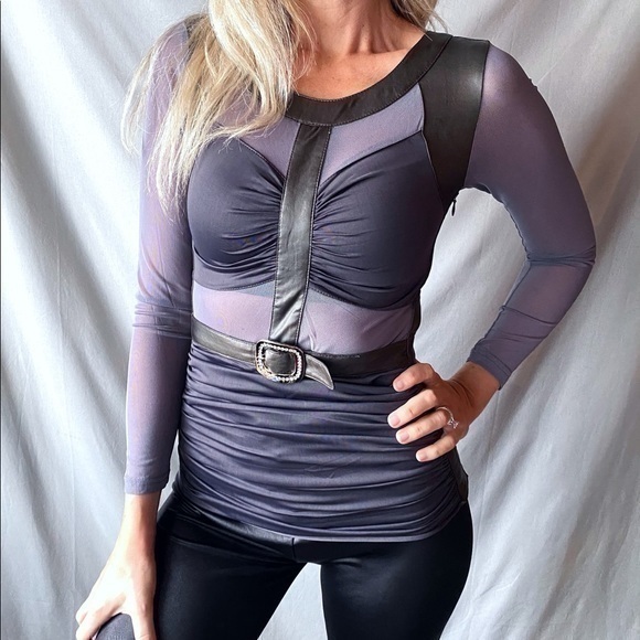 Tops - Sheer Mesh Cutout Faux Leather Contrast Sexy Top